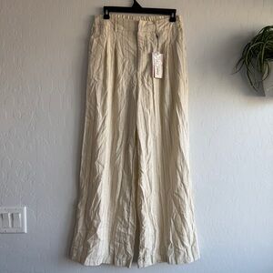 Linen Blend Wide Leg Pants Large Cream Pinstripe Coastal Lagenlook NWT Resort